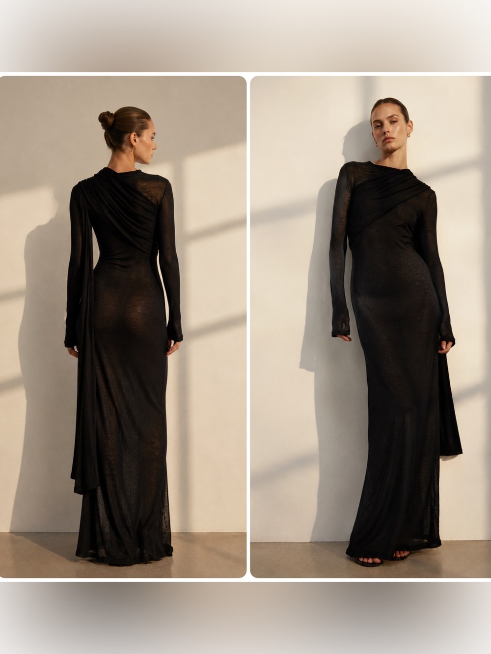 New! Aya Muse Mira Black Long-Sleeve Sheer Cape Overlay Maxi Dress 🖤
